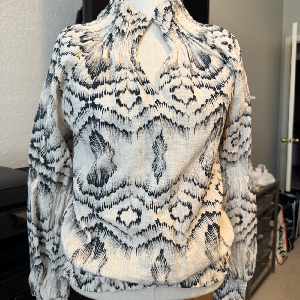 Anthropologie Black and Cream Patterned Blouse